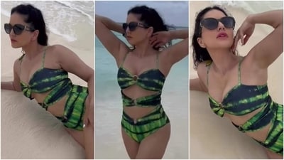 Sunny Leone goes for a swim dressed in a printed swimsuit during Maldives holiday. (Instagram) Sunny Leone goes for a swim dressed in a printed swimsuit during Maldives holiday. (Instagram)