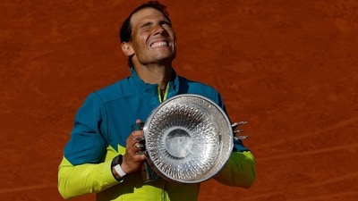Spain's Rafael Nadal celebrates with trophy after winning the 2022 French Open men's singles final against Norway's Casper Ruud (REUTERS)