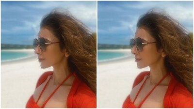 Rakul Preet looked gorgeous in a red bralette with halter neck details and ruched patterns, teamed with matching lowers and a georgette red shrug. (Instagram/@rakulpreet) Rakul Preet looked gorgeous in a red bralette with halter neck details and ruched patterns, teamed with matching lowers and a georgette red shrug. (Instagram/@rakulpreet)