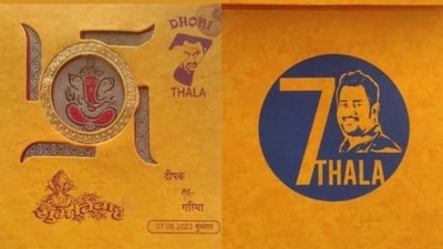 Wedding card of MS Dhoni’s fan features the cricketer’s photo and jersey number. (Twitter/@itsshivvv12) Wedding card of MS Dhoni’s fan features the cricketer’s photo and jersey number. (Twitter/@itsshivvv12)