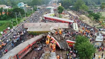 A drone view shows derailed coaches after trains collided in Balasore district in Odisha, India, June 3, 2023. (Reuters)