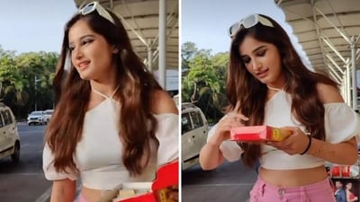 Rasha Tandon brought sweet packets for the paparazzi at the airport. Rasha Tandon brought sweet packets for the paparazzi at the airport.