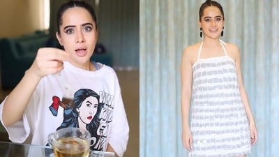 Uorfi Javed adorns a dress crafted entirely from tea bags. (Instagram/@urf7i) Uorfi Javed adorns a dress crafted entirely from tea bags. (Instagram/@urf7i)