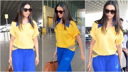Deepika Padukone's bright yellow and blue-coloured airport outfit is a perfect travel wardrobe inspiration. (Instagram) Deepika Padukone's bright yellow and blue-coloured airport outfit is a perfect travel wardrobe inspiration. (Instagram)