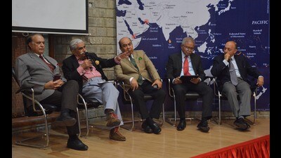 (From left) Major General BK Sharma (retd), Major General Ashok Mehta (retd), Lieutenant General Syed Ata Hasnain, former Indian ambassador to China Ashok Kantha and Vice-Admiral Anil Kumar Chawla during the strategic seminar at the Kasauli Club on Monday. (Sant Arora/HT) (From left) Major General BK Sharma (retd), Major General Ashok Mehta (retd), Lieutenant General Syed Ata Hasnain, former Indian ambassador to China Ashok Kantha and Vice-Admiral Anil Kumar Chawla during the strategic seminar at the Kasauli Club on Monday. (Sant Arora/HT)