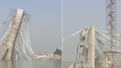 This is the second time the bridge has collapsed, with a previous incident occurring on April 30 last year. (ANI) This is the second time the bridge has collapsed, with a previous incident occurring on April 30 last year. (ANI)