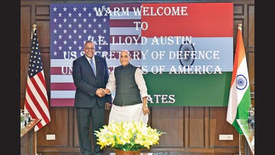 Defence minister Rajnath Singh with US Secretary of Defence Lloyd Austin in New Delhi on Monday. (ANI) Defence minister Rajnath Singh with US Secretary of Defence Lloyd Austin in New Delhi on Monday. (ANI)