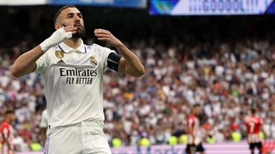 Karim Benzema celebrates scoring a goal from the penalty spot against Athletic Club Bilbao (AFP) Karim Benzema celebrates scoring a goal from the penalty spot against Athletic Club Bilbao (AFP)