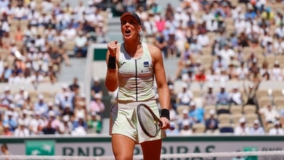 Brazil's Beatriz Haddad Maia clenches her fist after scoring a point against Spain's Sara Sorribes Tormo during their fourth round match of the French Open tennis tournament at the Roland Garros stadium in Paris, Monday, June 5, 2023. (AP Photo/Jean-Francois Badias) (AP) Brazil's Beatriz Haddad Maia clenches her fist after scoring a point against Spain's Sara Sorribes Tormo during their fourth round match of the French Open tennis tournament at the Roland Garros stadium in Paris, Monday, June 5, 2023. (AP Photo/Jean-Francois Badias) (AP)