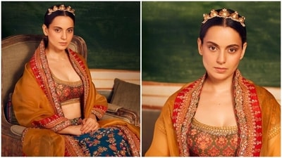 Kangana Ranaut dropped a regal photoshoot on Instagram today. The pictures show Kangana dressed in a beauteous lehenga set that ticked all boxes in elegance and sartorial excellence. The star gave the ethnic ensemble a desi Frida Kahlo touch with striking accessories. Scroll ahead to check out Kangana's photos in the outfit. (Instagram) Kangana Ranaut dropped a regal photoshoot on Instagram today. The pictures show Kangana dressed in a beauteous lehenga set that ticked all boxes in elegance and sartorial excellence. The star gave the ethnic ensemble a desi Frida Kahlo touch with striking accessories. Scroll ahead to check out Kangana's photos in the outfit. (Instagram)