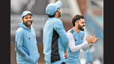 Team India captain Rohit Sharma and Virat Kohli during a practice session at The Oval in London on Monday. (ANI)