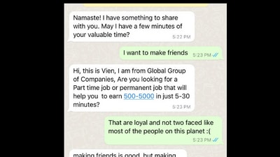 The screenshot of the conversation between Twitter user Mahesh and WhatsApp scammer. (Twitter/@mister_whistler) The screenshot of the conversation between Twitter user Mahesh and WhatsApp scammer. (Twitter/@mister_whistler)