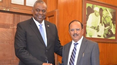 NSA Ajit Doval and US secretary of defence Lloyd Austin in New Delhi on Monday.