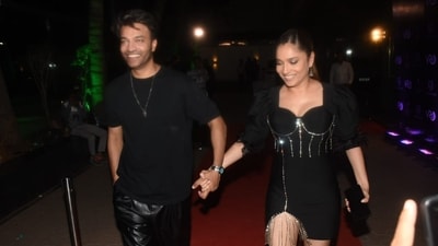 Another couple that arrived hand-in-hand at Mouni Roy's bash was actor Ankita Lokhande and husband Vicky Jain. They both twinned in black party outfits. Another couple that arrived hand-in-hand at Mouni Roy's bash was actor Ankita Lokhande and husband Vicky Jain. They both twinned in black party outfits. 