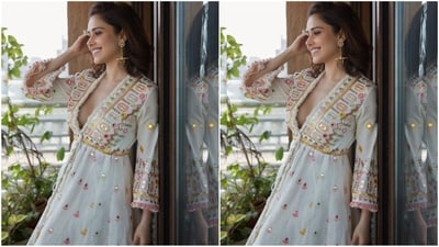 Nushrratt adorned a mesmerising jacket-style kurta and skirt set from the renowned fashion brand Gopi Ved. The ensemble, with a price tag of <span class='webrupee'>₹</span>38,500, exuded an undeniable allure. (Instagram/@nushrrattbharuccha) Nushrratt adorned a mesmerising jacket-style kurta and skirt set from the renowned fashion brand Gopi Ved. The ensemble, with a price tag of <span class='webrupee'>₹</span>38,500, exuded an undeniable allure. (Instagram/@nushrrattbharuccha)