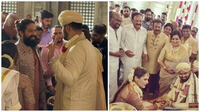 Yash, Rajinikanth, Mohan Babu at Abishek Ambareesh and Aviva Bidappa's wedding. Yash, Rajinikanth, Mohan Babu at Abishek Ambareesh and Aviva Bidappa's wedding.