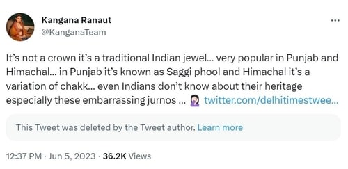 Kangana's tweet about her headpiece. Kangana's tweet about her headpiece.