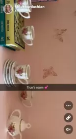 Khloe showed off an adorable shelf with a dainty tea set in True's room. Khloe showed off an adorable shelf with a dainty tea set in True's room.
