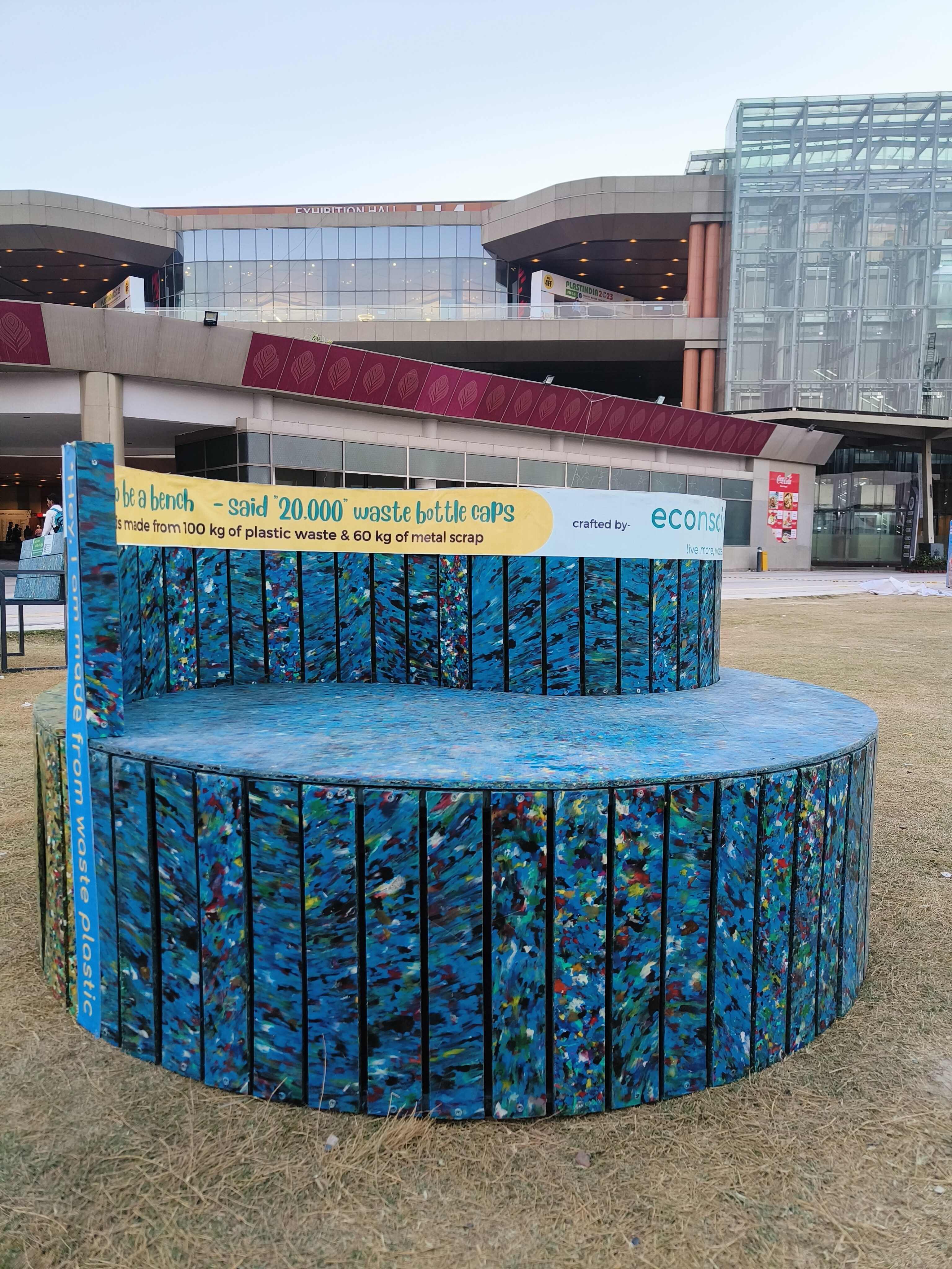 A bench installed in Pragati Maidan is made using 20,000 waste plastic bottle caps.