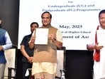 Assam Chief Minister Himanta Biswa Sarma along with state Education Minister Ranoj Pegu launch 'National Education Policy 2020' during a function held at Gauhati University in Guwahati. Assam Chief Minister Himanta Biswa Sarma along with state Education Minister Ranoj Pegu launch 'National Education Policy 2020' during a function held at Gauhati University in Guwahati.