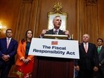 FILE PHOTO: U.S. House Speaker Kevin McCarthy (R-CA) speaks during a press conference accompanied by House Majority Leader Steve Scalise (R-LA) and U.S. Rep. Elise Stefanik (R-NY) after the House approved the debt ceiling deal he negotiated with the White House to end their standoff and avoid a historic default, at the U.S. Capitol in Washington, U.S. May 31, 2023. REUTERS/Jonathan Ernst/File Photo