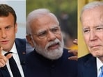 Prime Minister Narendra Modi (Centre), French President Emmanuel Macron (Left), and US President Joe Biden (Right). Prime Minister Narendra Modi (Centre), French President Emmanuel Macron (Left), and US President Joe Biden (Right).