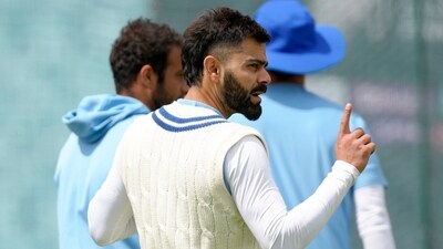 India's Virat Kohli gestures during a training session at The Oval (AP) India's Virat Kohli gestures during a training session at The Oval (AP)