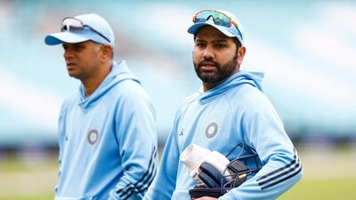 India's Rohit Sharma with head coach Rahul Dravid during practice ahead of the WTC final (Action Images via Reuters)