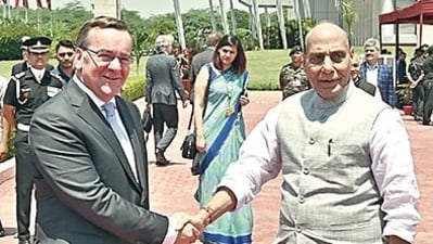 Defence minister Rajnath Singh with German federal minister of defence Boris Pistorius in New Delhi on Tuesday. (Sanjeev Verma/HT Photo) Defence minister Rajnath Singh with German federal minister of defence Boris Pistorius in New Delhi on Tuesday. (Sanjeev Verma/HT Photo)