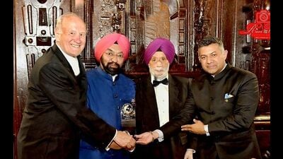 MP Vikramjeet Singh Sahney (second from the left) receiving the ‘Sikh of the Year Award’. (Twitter) MP Vikramjeet Singh Sahney (second from the left) receiving the ‘Sikh of the Year Award’. (Twitter)