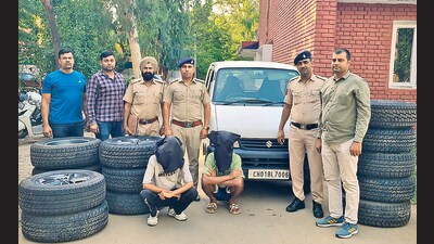 The accused, both aged less than 22, were arrested by the crime branch of Chandigarh Police who constituted a special team to nab the accused following a spate spare wheel thefts in the city. (HT Photo) The accused, both aged less than 22, were arrested by the crime branch of Chandigarh Police who constituted a special team to nab the accused following a spate spare wheel thefts in the city. (HT Photo)