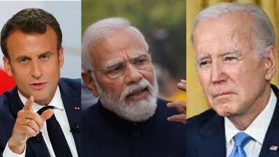 Prime Minister Narendra Modi (Centre), French President Emmanuel Macron (Left), and US President Joe Biden (Right). Prime Minister Narendra Modi (Centre), French President Emmanuel Macron (Left), and US President Joe Biden (Right).