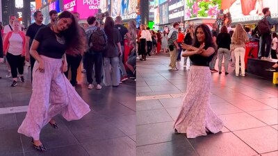 Woman tapping her feet energetically to Aamir Khan and Gracy Singh’s Radha Kaise Na Jale at Times Square in New York. (Instagram/@samadnya.k) Woman tapping her feet energetically to Aamir Khan and Gracy Singh’s Radha Kaise Na Jale at Times Square in New York. (Instagram/@samadnya.k)