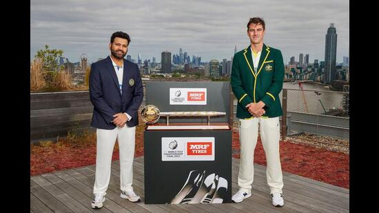Rohit Sharma and Australian skipper Pat Cummins ahead of the World Test Cricket Championship in London on Tuesday. (PTI)