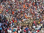 Kolhapur: People gather to protest against the alleged use of Tipu Sultan's image in objectionable social media posts, in Kolhapur district, Wednesday, June 7, 2023. (PTI Photo)