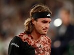 Stefanos Tsitsipas reacts during his quarter final match against Spain's Carlos Alcaraz 