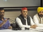 Delhi chief minister Arvind Kejriwal, Samajwadi Party president Akhilesh Yadav and Punjab CM Bhagwant Mann at a joint press conference in Lucknow on Wednesday. (Deepak Gupta/HT photo) Delhi chief minister Arvind Kejriwal, Samajwadi Party president Akhilesh Yadav and Punjab CM Bhagwant Mann at a joint press conference in Lucknow on Wednesday. (Deepak Gupta/HT photo)