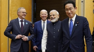Australian PM Anthony Albanese, US President Joe Biden and Indian PM Narendra Modi are greeted by Japanese PM Fumio Kishida (right), during their arrival to the Quad leaders summit. (HT_PRINT) Australian PM Anthony Albanese, US President Joe Biden and Indian PM Narendra Modi are greeted by Japanese PM Fumio Kishida (right), during their arrival to the Quad leaders summit. (HT_PRINT)