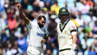 India's Mohammed Shami celebrates after taking the wicket of Australia's Marnus Labuschagne during day 1 of the ICC World Test Championship cricket final match between Australia and India at The Oval, in London, on June 7, 2023. (Photo by Glyn KIRK / AFP) / RESTRICTED TO EDITORIAL USE. NO ASSOCIATION WITH DIRECT COMPETITOR OF SPONSOR, PARTNER, OR SUPPLIER OF THE ECB (AFP) India's Mohammed Shami celebrates after taking the wicket of Australia's Marnus Labuschagne during day 1 of the ICC World Test Championship cricket final match between Australia and India at The Oval, in London, on June 7, 2023. (Photo by Glyn KIRK / AFP) / RESTRICTED TO EDITORIAL USE. NO ASSOCIATION WITH DIRECT COMPETITOR OF SPONSOR, PARTNER, OR SUPPLIER OF THE ECB (AFP)