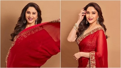Madhuri Dixit is a literal goddess in classic red saree for new shoot. (Instagram) Madhuri Dixit is a literal goddess in classic red saree for new shoot. (Instagram)
