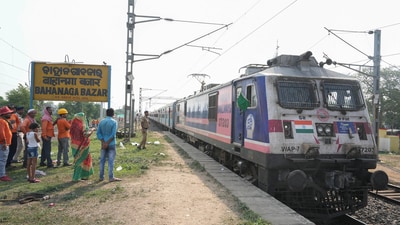 Coromandel Express train leaves from Bahanaga Bazar railway station after train services resumed on the section where the accident happened on Friday, in Balasore district, Monday, (PTI) Coromandel Express train leaves from Bahanaga Bazar railway station after train services resumed on the section where the accident happened on Friday, in Balasore district, Monday, (PTI)
