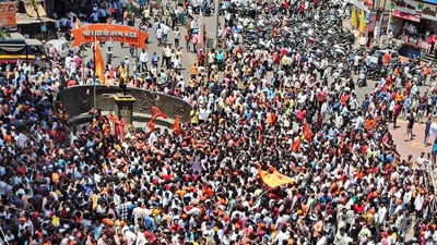 Kolhapur: People gather to protest against the alleged use of Tipu Sultan's image in objectionable social media posts, in Kolhapur district, Wednesday, June 7, 2023. (PTI Photo) (PTI)