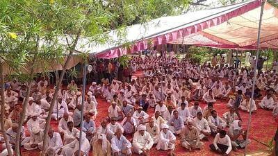 People attending a mahapanchayat in support of wrestlers at Balali village in Chatkhi Dadri district on Wednesday. (Manoj Dhaka /HT)
