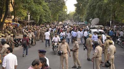 Police personnel outside the court premises in Lucknow after the murder of gangster Jeeva on Wednesday. (Deepak Gupta/HT Photo)