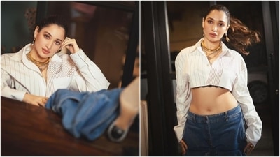 Tamannaah posted the photos with the caption, "Crop it like it's hot [white heart emojis]."Her ensemble is from the shelves luxury label Off-White and Giuseppe Di Morabito. Celebrity stylist Shaleena Nathani styled the star in the head-turning look.&nbsp; (Instagram)