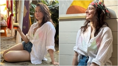 Meanwhile, Tamannah is known for her stylish off-duty look. For instance, the star looks gorgeous in this click. She wore a semi-sheer white cotton button-up shirt with denim shorts, a colourful bikini top, a floral printed bandana, minimal makeup, and open wavy locks. (Instagram) Meanwhile, Tamannah is known for her stylish off-duty look. For instance, the star looks gorgeous in this click. She wore a semi-sheer white cotton button-up shirt with denim shorts, a colourful bikini top, a floral printed bandana, minimal makeup, and open wavy locks. (Instagram)