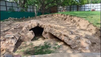 The arched tunnel-like structure found earlier this week at Siri Fort. Officials said that only the opening of the arched structure is visible, and no further digging will be done. They added that the structure will be kept intact as one of the displays at the museum. (HT Photo) The arched tunnel-like structure found earlier this week at Siri Fort. Officials said that only the opening of the arched structure is visible, and no further digging will be done. They added that the structure will be kept intact as one of the displays at the museum. (HT Photo)