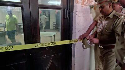 The crime scene being sealed after the murder of gangster Sanjeev Maheshwari alias Jeeva in a Lucknow court on Wednesday. (ANI PHOTO)