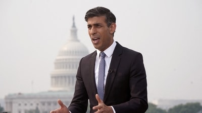 Britain's Prime Minister Rishi Sunak speaks to the media during his visit to Washington DC. (via REUTERS)