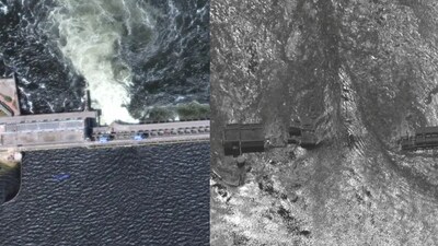 This combination of handout satellite images courtesy of Maxar technologies shows the Kakhovka Hydroelectric Power Station (left) on June 5, 2023 and the same area on June 6 after it was damaged. ((Photo by Satellite image 2023 Maxar Technologies / AFP)) This combination of handout satellite images courtesy of Maxar technologies shows the Kakhovka Hydroelectric Power Station (left) on June 5, 2023 and the same area on June 6 after it was damaged. ((Photo by Satellite image 2023 Maxar Technologies / AFP))